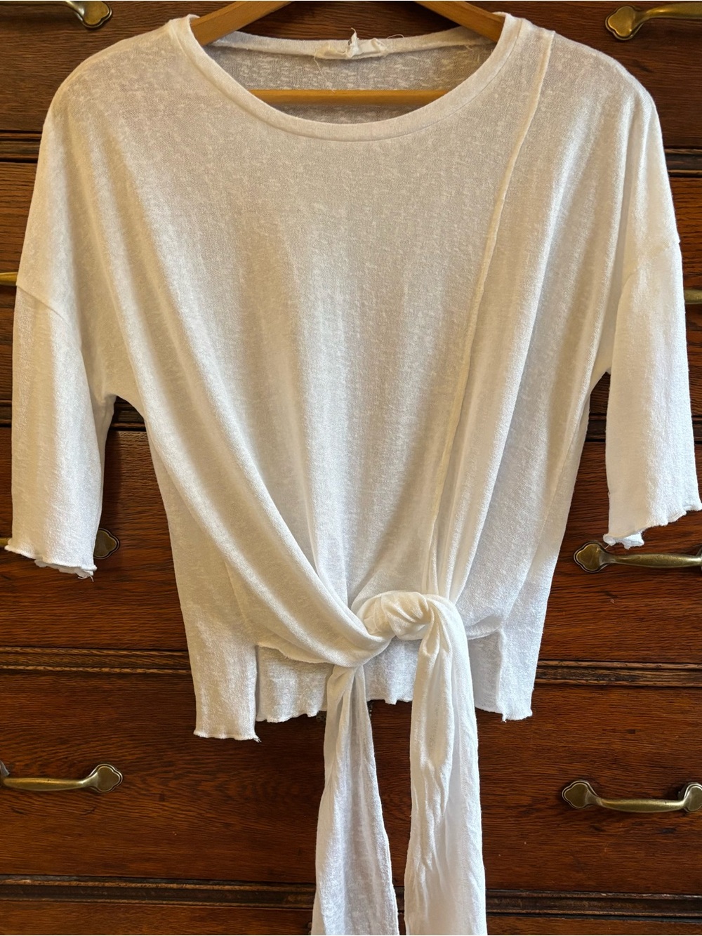NUDE White Tie-Front Long Sleeve Crewneck Top
